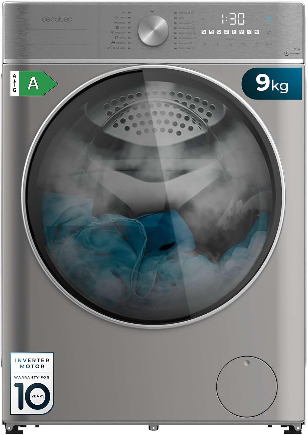 Lavadora Cecotec Bolero DressCode 9800 Inverter Steel 9 kg 1400 RPM - SteamMax OnSmart SpaCare y Display Táctil XXL-Palolyhaven