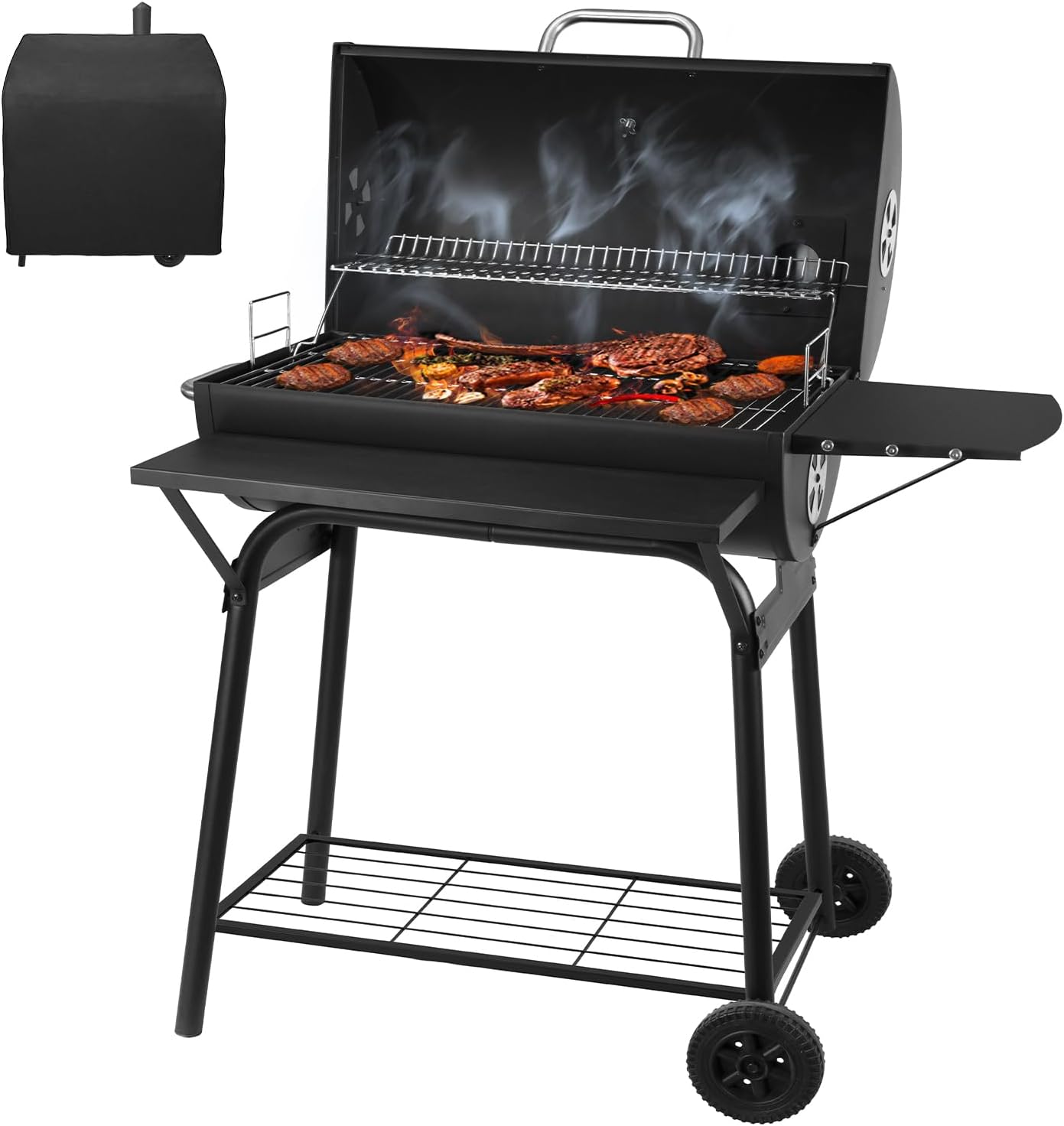 Barbacoa carbon con tapa ruedas termometro ventilacion hierro fundido ahumador exterior jardin - barbacoa carbon con termometro jardin - coccion ahumada exterior-Palolyhaven