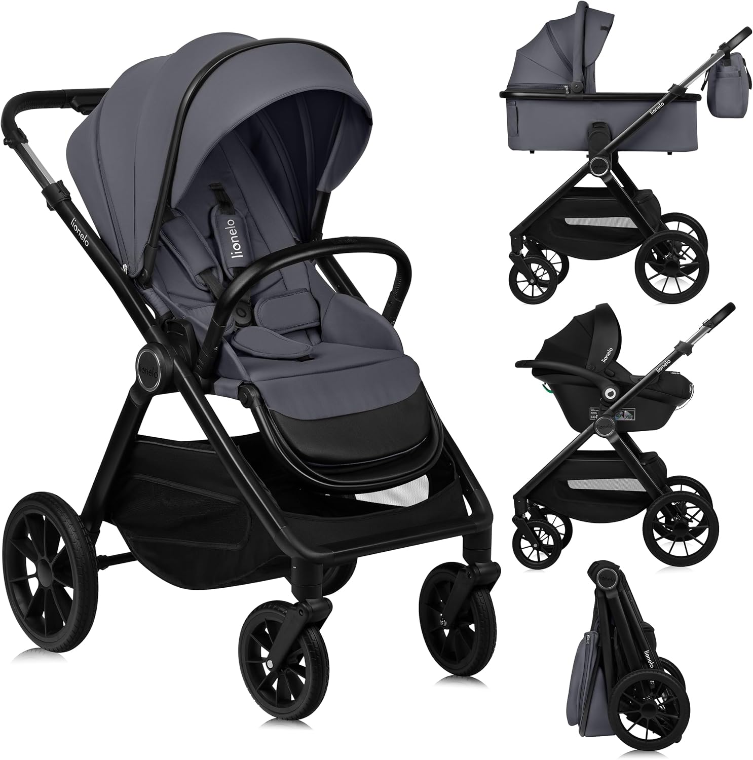 Silla de Paseo 3 en 1 para Bebé - Capazo Incluido - Respaldo Ajustable - Ruedas Giratorias 360 - Grey Stone-Palolyhaven