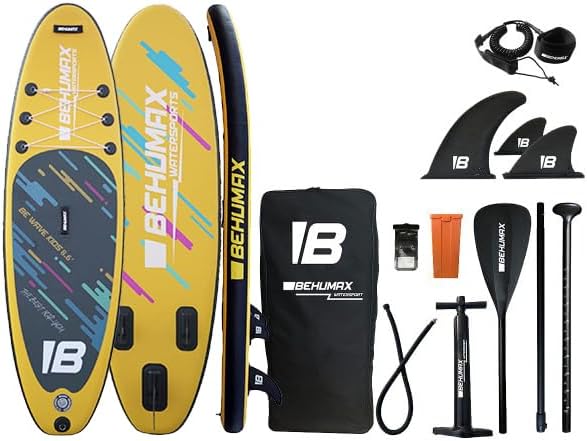 Tabla Paddle Surf Hinchable BEHUMAX Be Wave Kids 260x76x15 cm - PVC Resistente - Amarillo - Capacidad 140 kg - Con Remo Desmontable y Accesorios-Palolyhaven