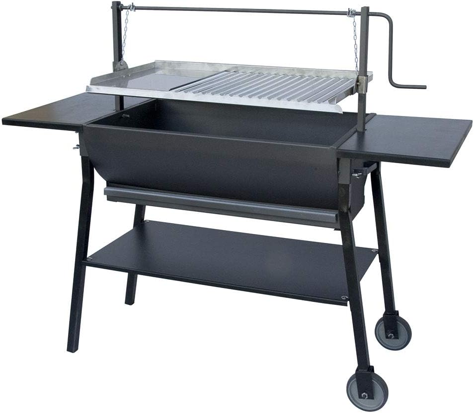 Flores Cortes 33717 barbacoa curva con cadena ruedas 67x50x118 cm metal negro acero inoxidable jardin exterior - barbacoa carbon con cadena jardin - parrilla regulable exterior-Palolyhaven