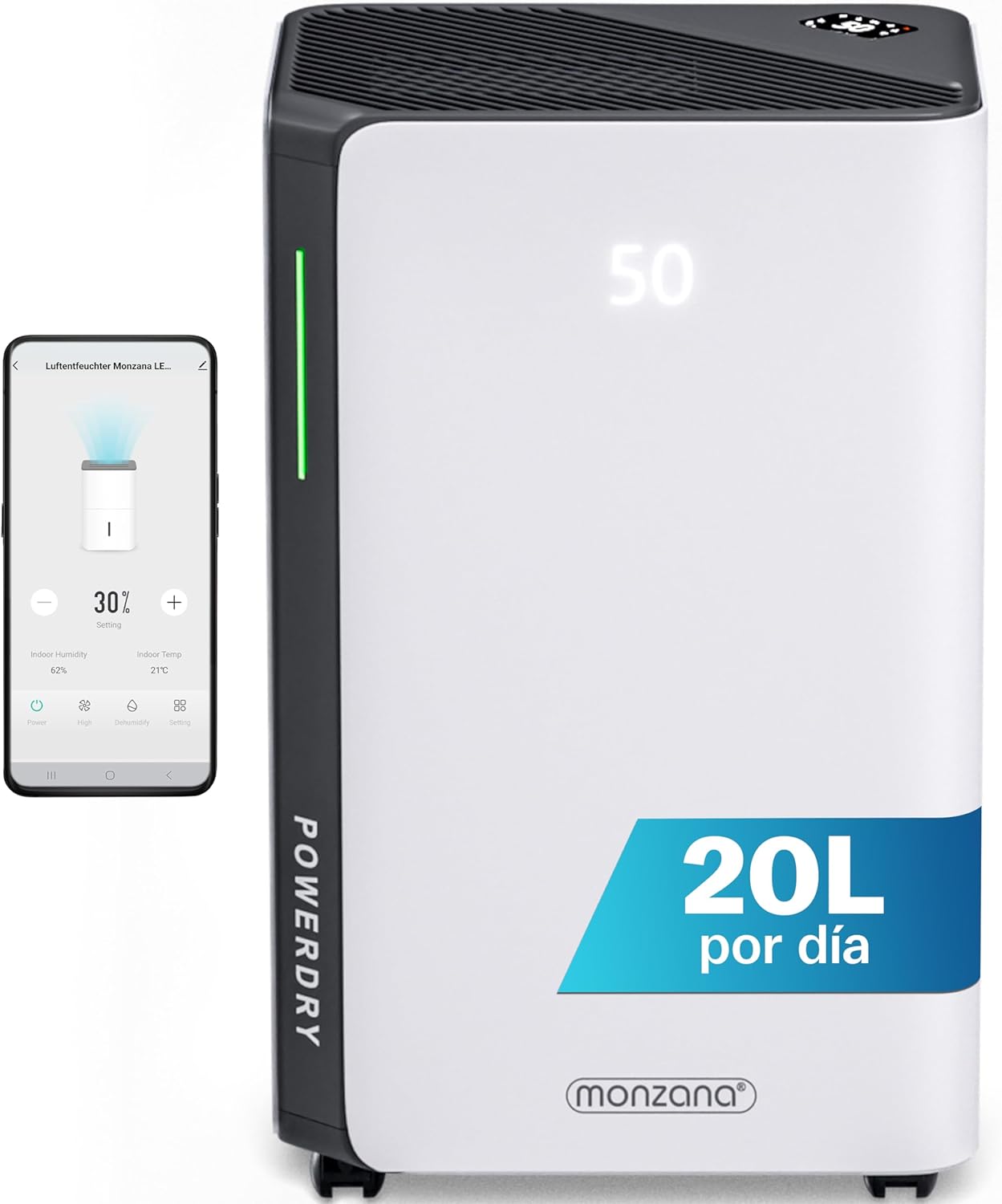 Deshumidificador MONZANA Smart Home - 20 L al día - WiFi y aplicación - depósito de 4,5 L - pantalla LED - 4 velocidades - blanco-Palolyhaven