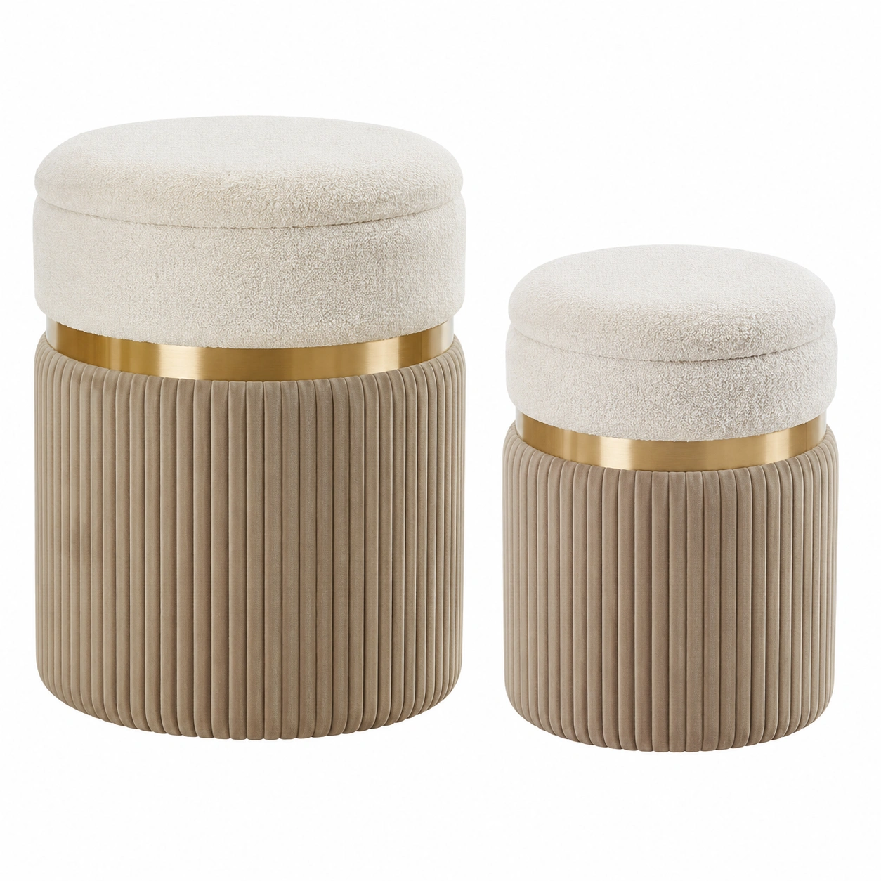 Juego de 2 Pufs Redondos con Almacenaje Estilo Moderno Tapizado Boucle Beige y Base Acanalada-meubario