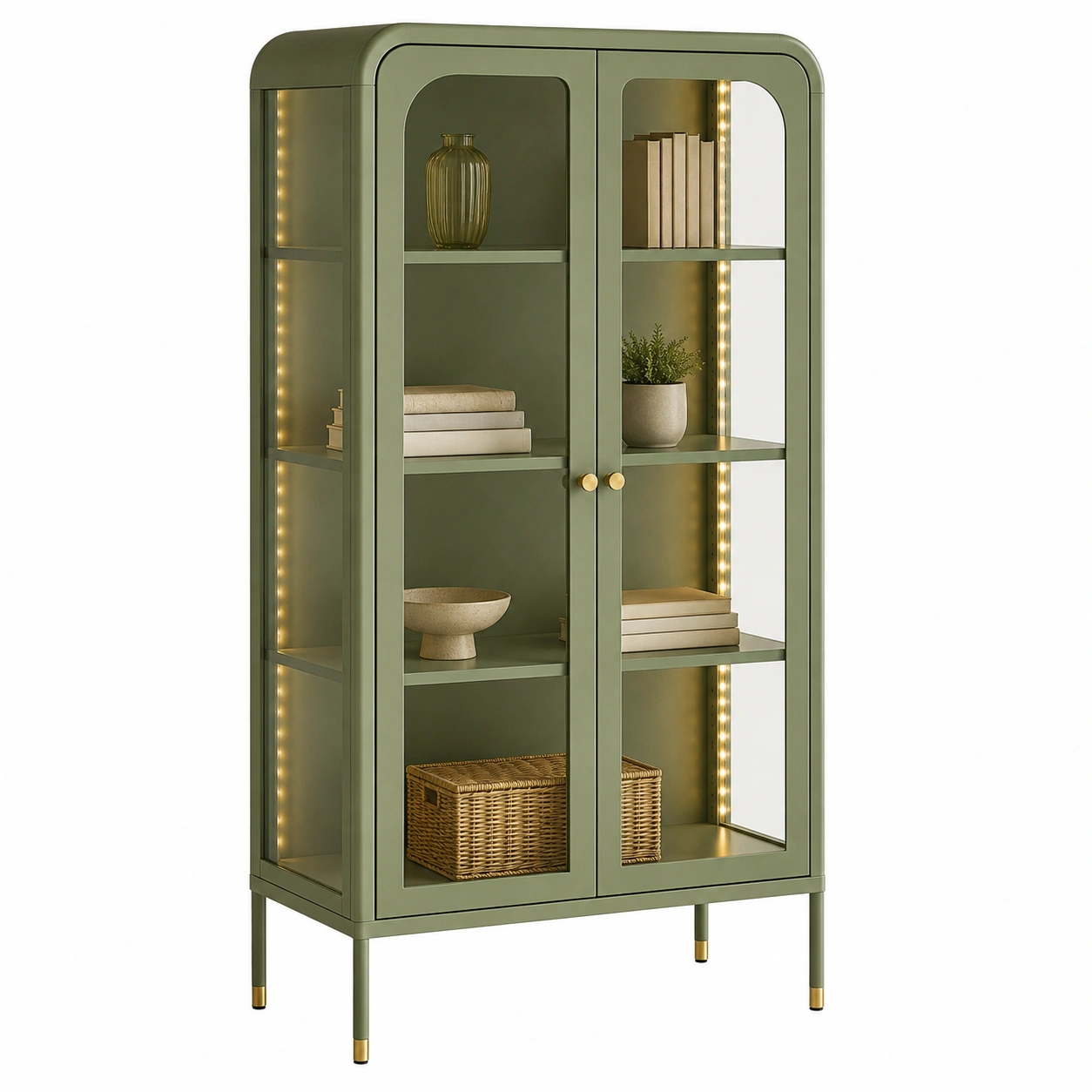 Vitrina alta moderna metal y cristal con iluminacion LED 80 cm Verde oliva-meubario
