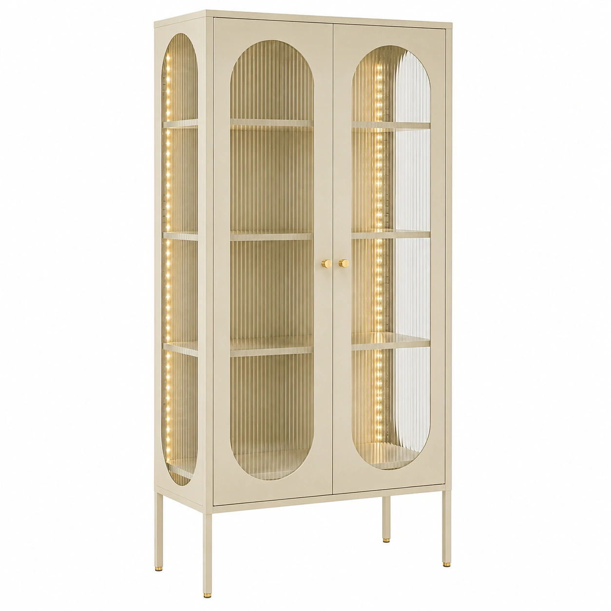 Vitrina Moderna LED de Metal y Cristal Acanalado 3 Puertas Beige Arena 80 cm-meubario