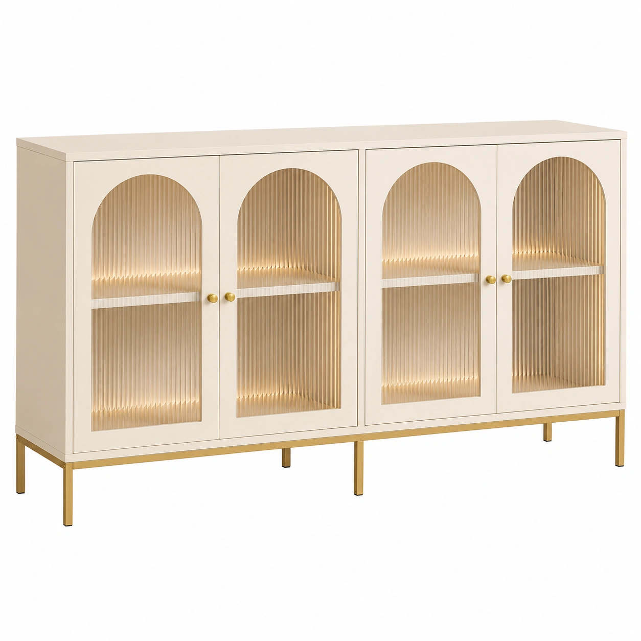 Aparador vitrina moderno 4 puertas cristal acanalado crema y dorado 137 cm-meubario