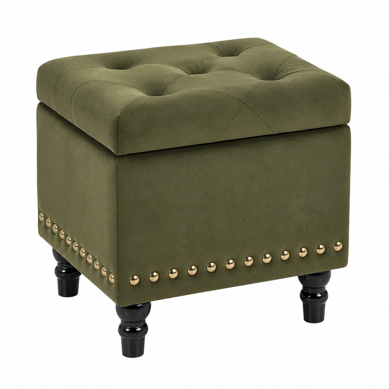 Taburete baul tapizado con almacenaje y patas negras estilo clasico Verde oliva-meubario