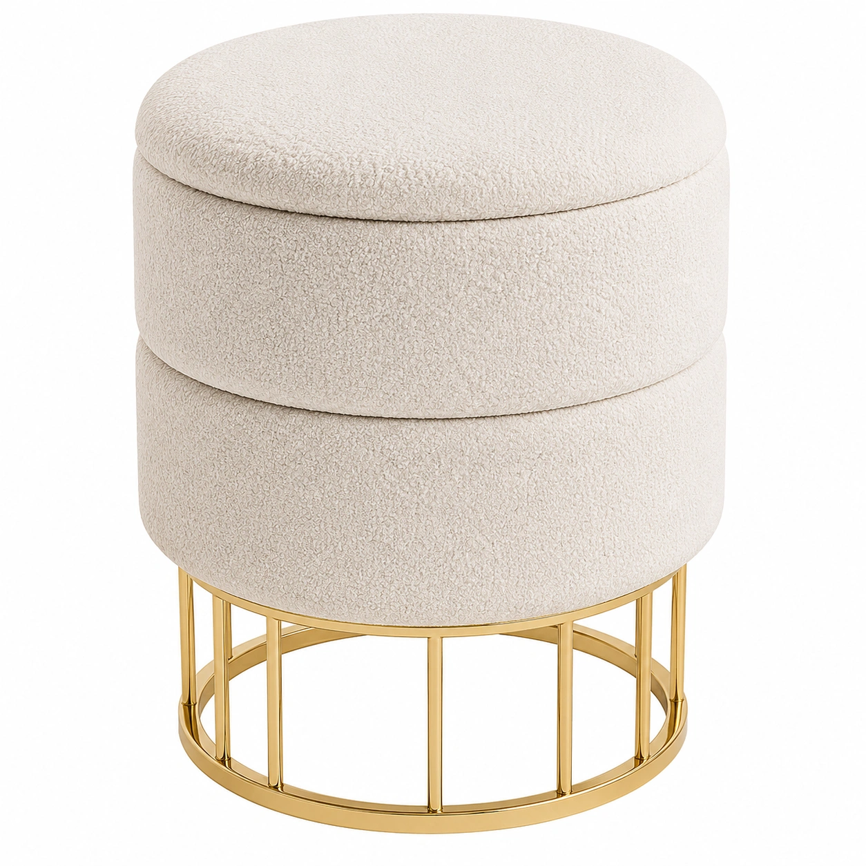 Taburete redondo con almacenaje estilo nordico bouclé crema y base dorada-meubario
