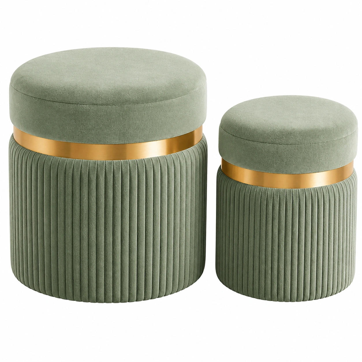 Juego de 2 pufs redondos con almacenaje estilo moderno Verde salvia y dorado-meubario