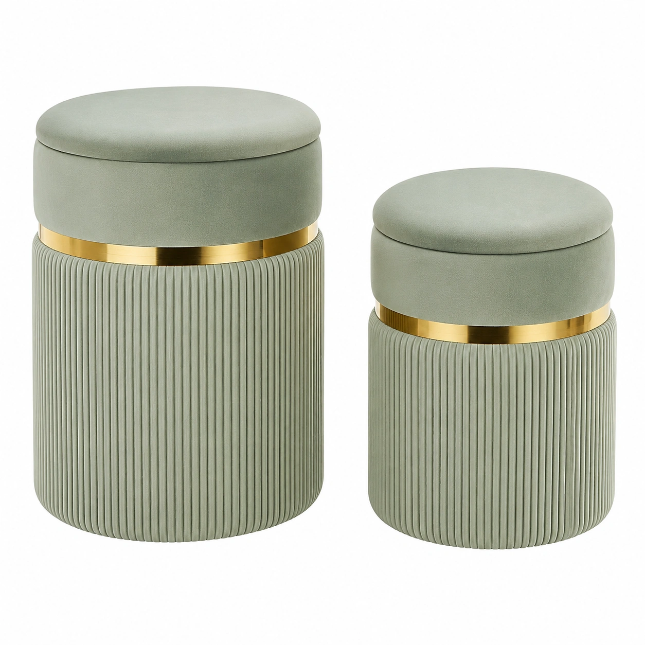 Conjunto de 2 pufs redondos con almacenaje terciopelo verde salvia y detalle dorado-meubario