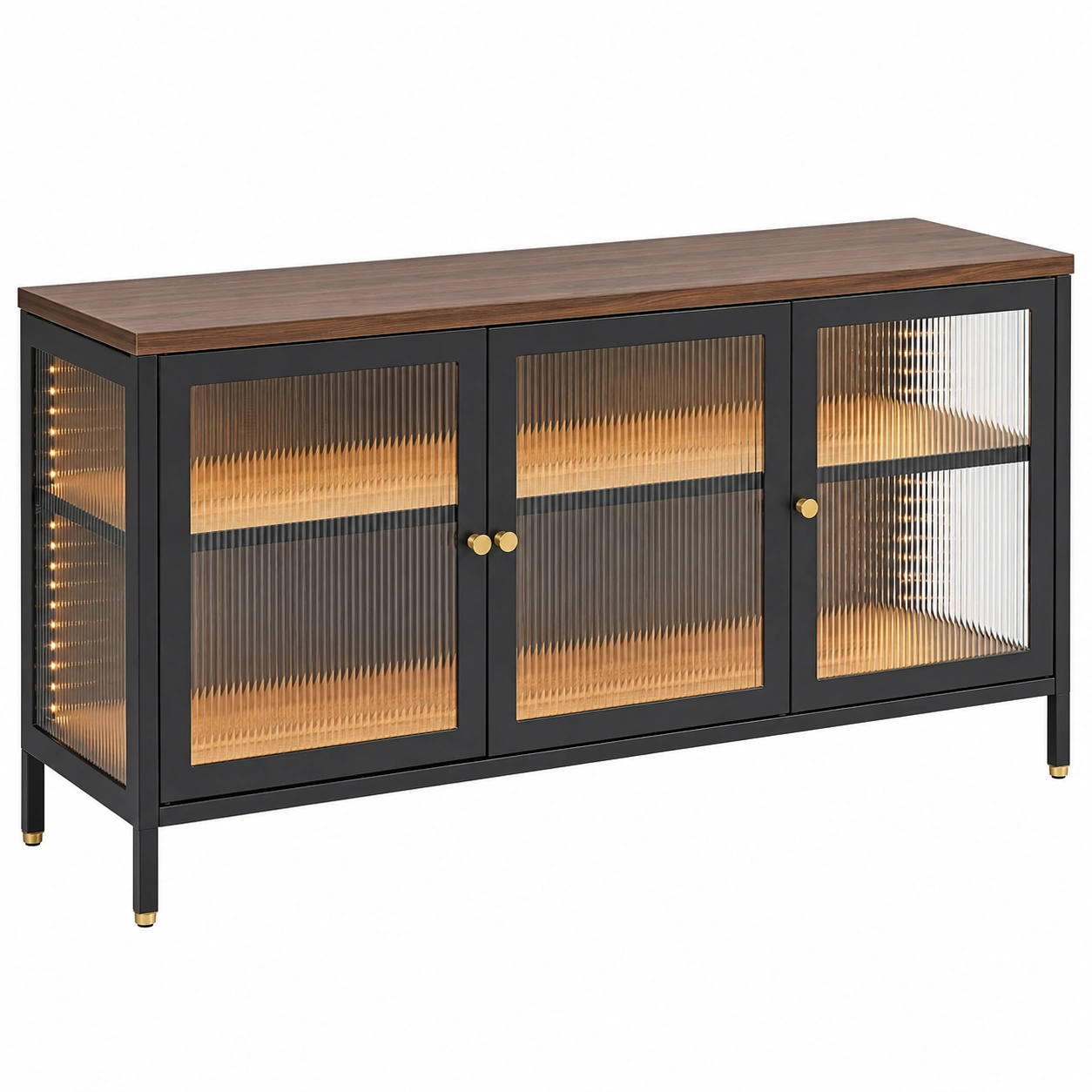 Aparador vitrina LED moderno con puertas de cristal acanalado y estructura metalica 115 cm Marron y Negro-homexaio