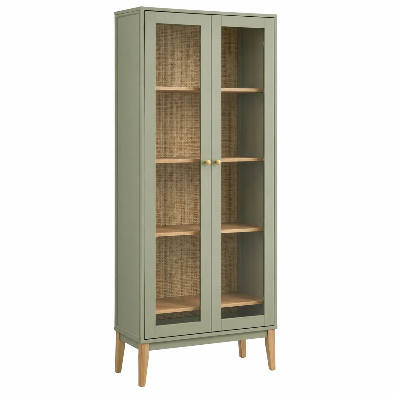 Vitrina alta moderna con puertas de cristal y estantes de madera 80 cm Verde oliva-homexaio