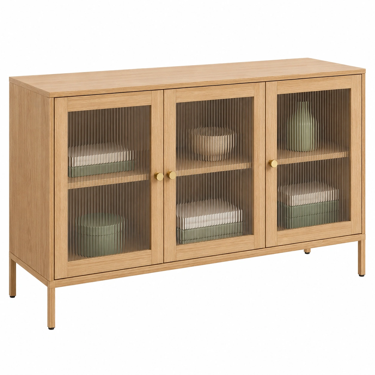 Aparador vitrina moderno con puertas de cristal acanalado 115 cm Roble claro-homexaio