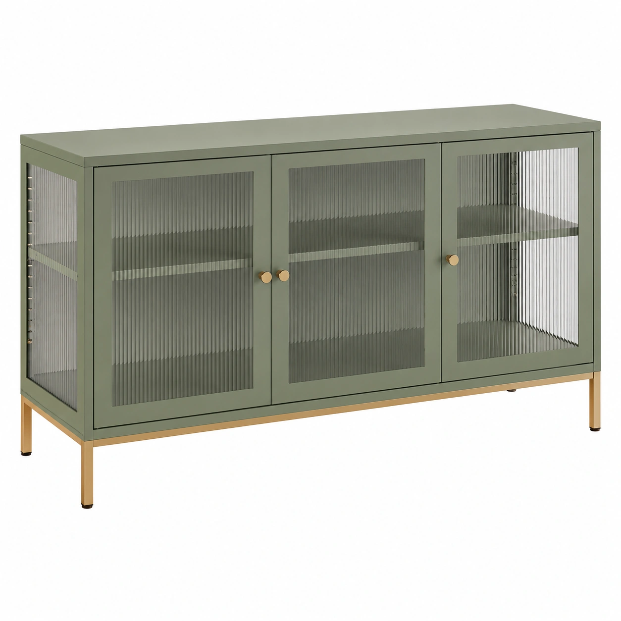 Aparador vitrina moderno de metal y vidrio acanalado 115 cm Verde oliva-homexaio