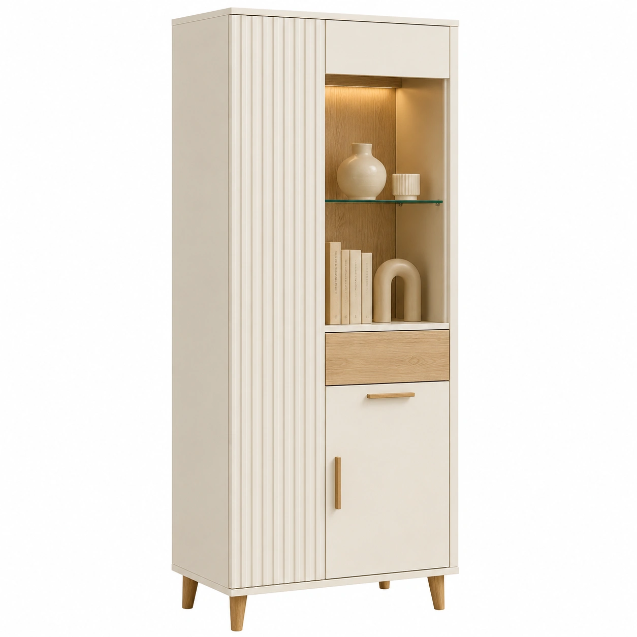 Vitrina alta moderna con estantes de vidrio y iluminacion LED 60 cm Beige y Roble-homexaio