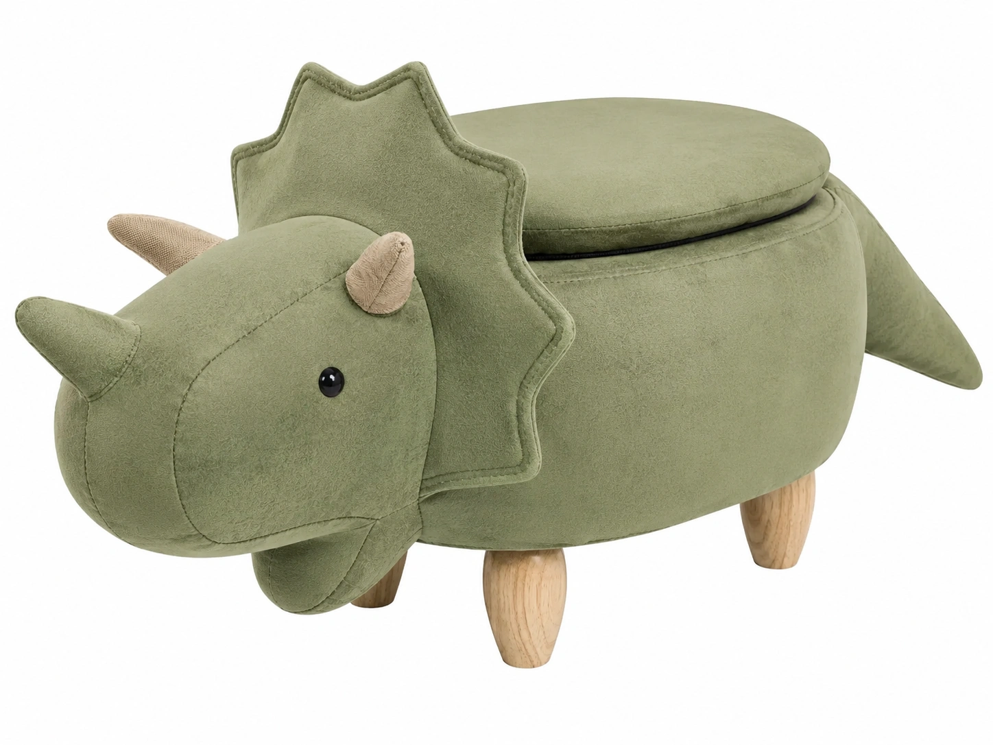 Puf infantil con almacenaje dinosaurio TRICERATOPS verde oliva de tela suave y patas de madera-homexaio
