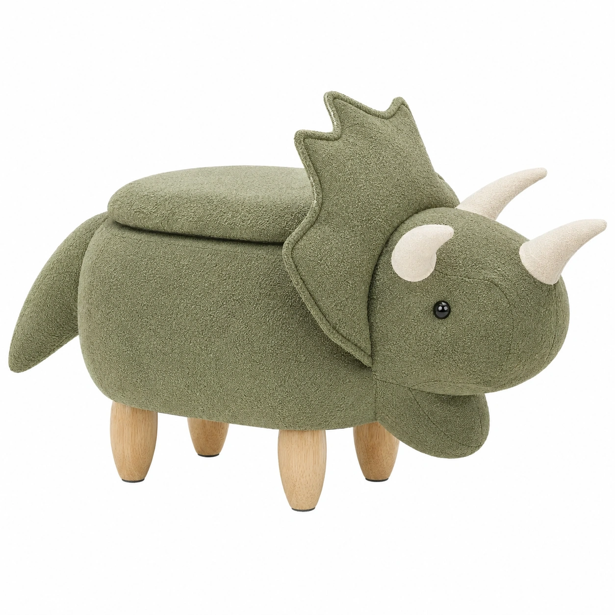 Puf infantil con almacenaje dinosaurio triceratops verde oliva bouclé-homexaio