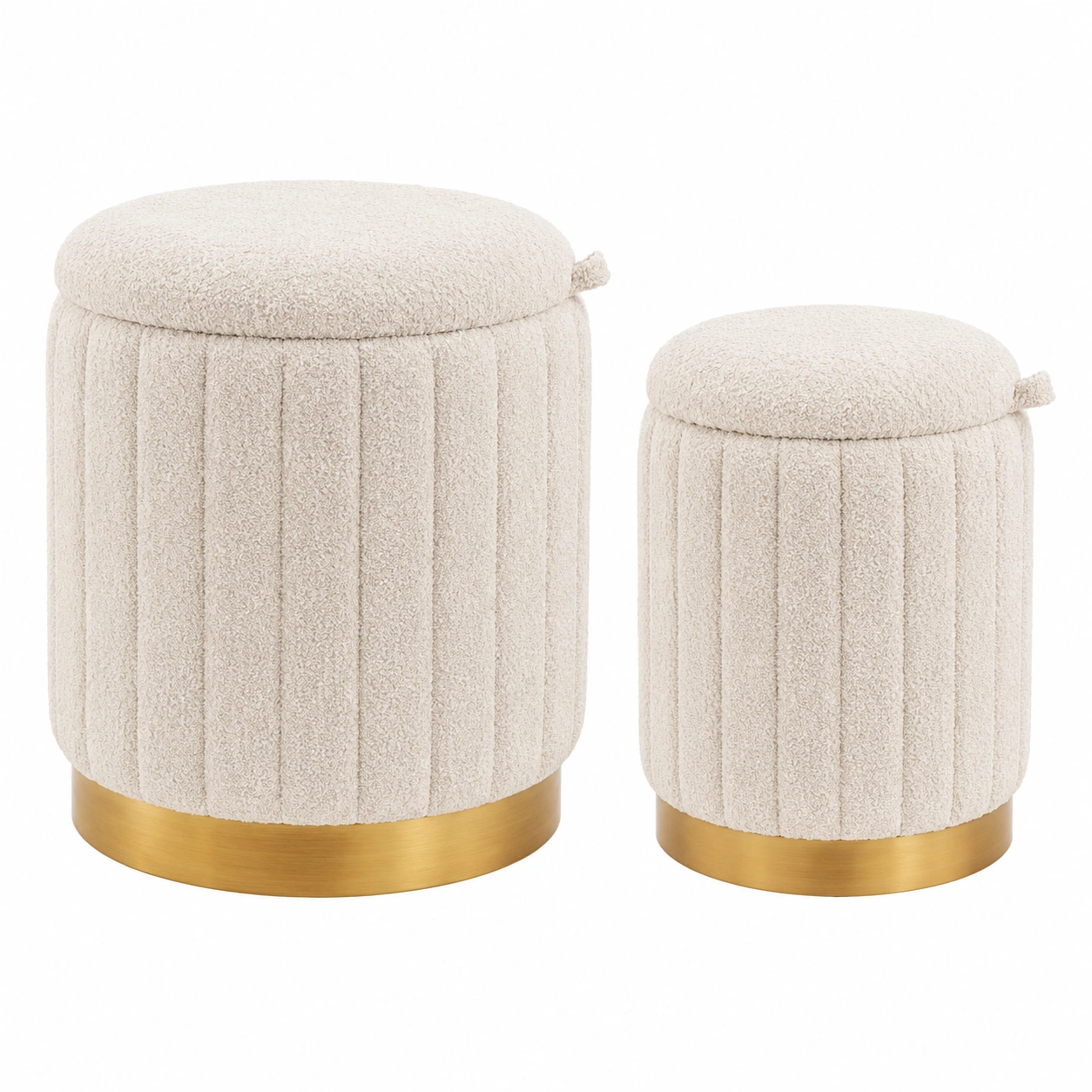 Set de 2 Pufs Redondos con Almacenaje Boucle Beige y Base Dorada Moderna-homexaio