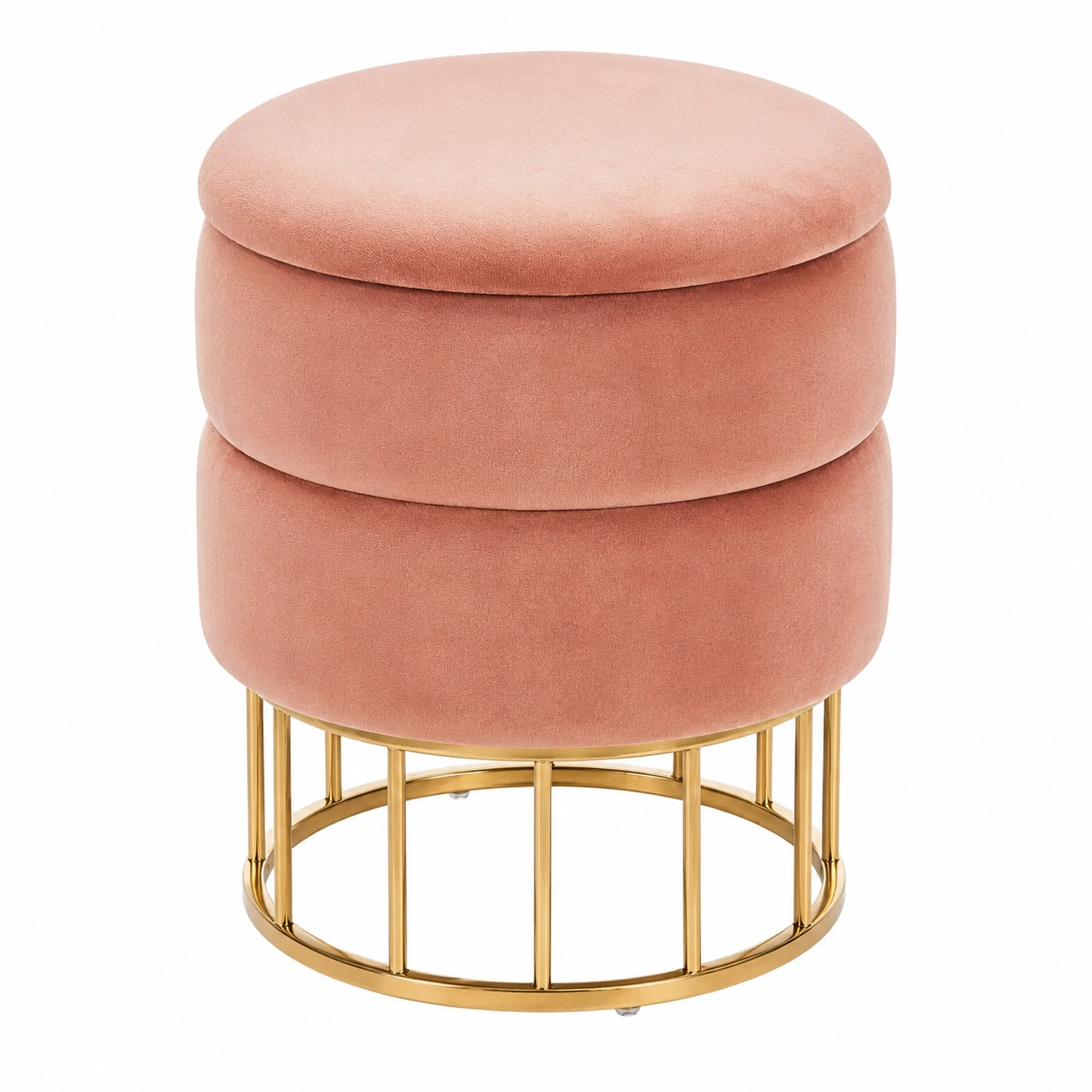 Puf redondo con almacenaje tapizado en terciopelo rosa con base dorada moderna-homexaio