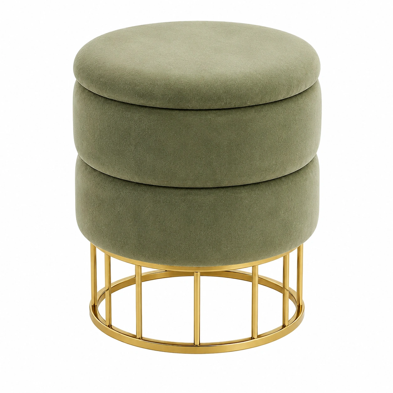 Puf redondo con almacenaje y base metalica dorada terciopelo verde oliva-homexaio