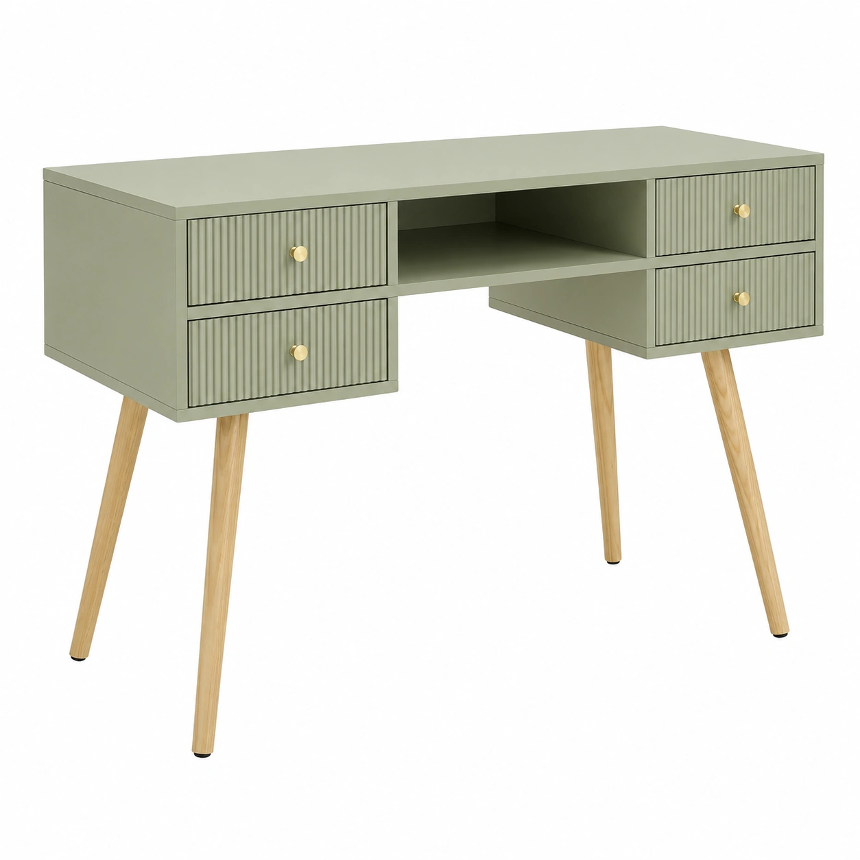 Escritorio nordico moderno con cuatro cajones y acabado verde oliva elegante-homexaio