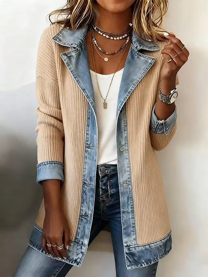 50% OFF New Arrivals - Elegant Mixed Media Denim Knit Cardigan Open Front Lapel Sweater Coat Mid Length Comfort Fit Outerwear