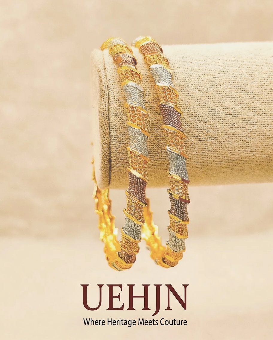 Gold bangles with bold silver-tone strip detailing，Silver Stripe Harmony