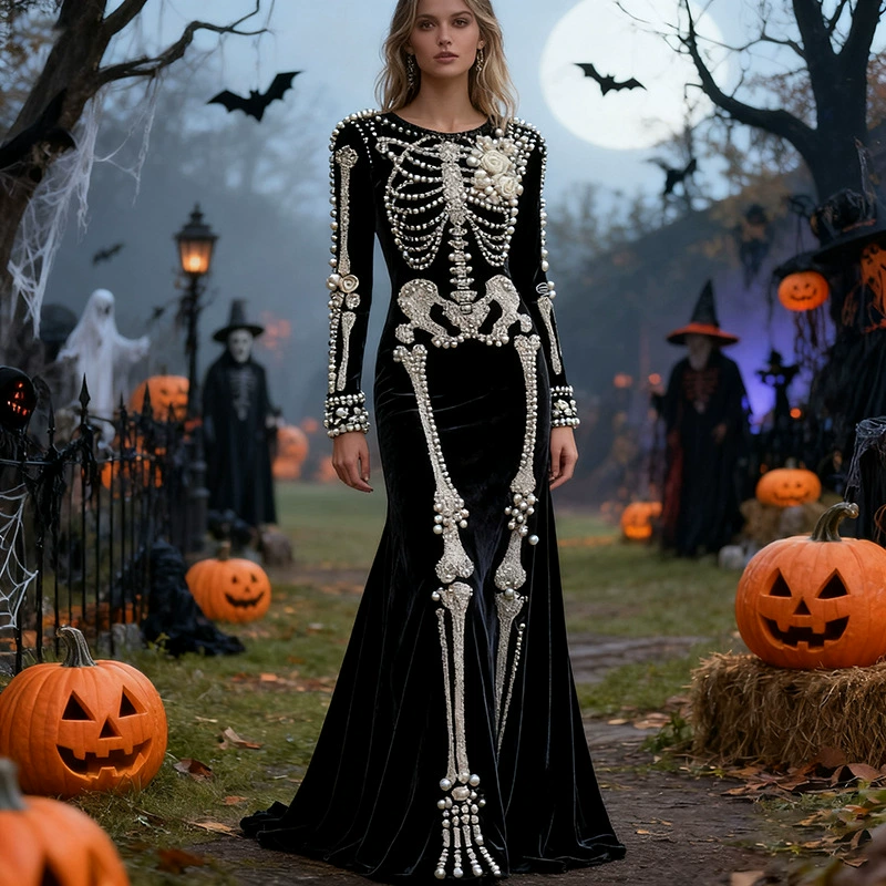 Halloween New Women's V-neck Dress Bohemian Resort Style V-neck Long Sleeve Dress