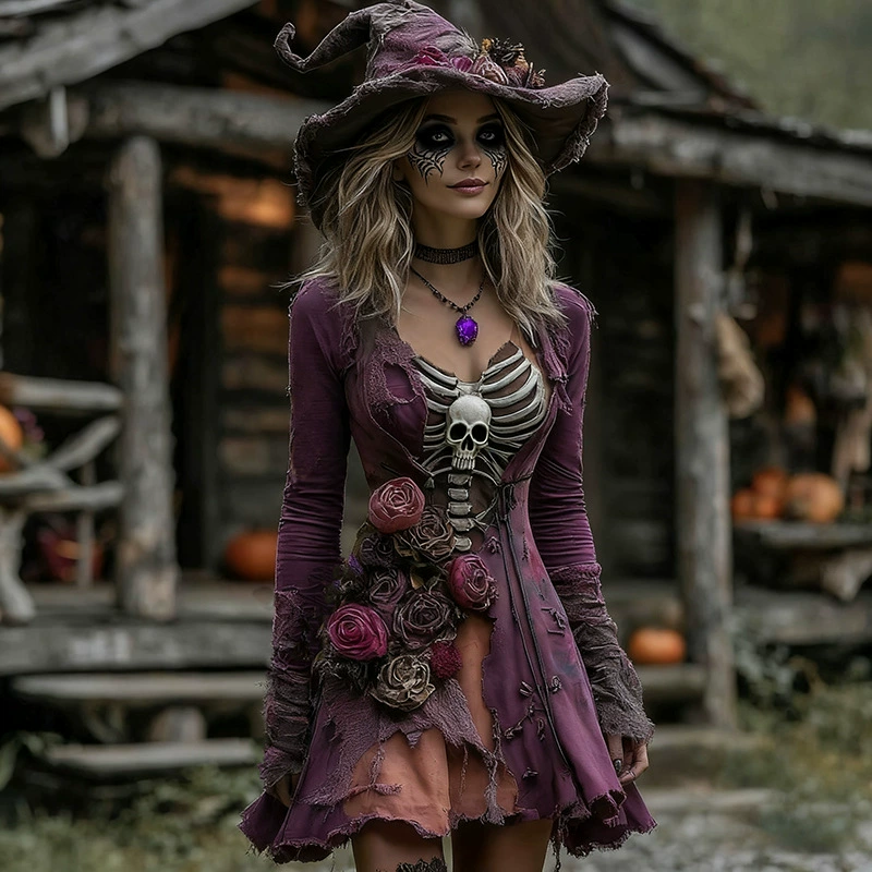 Halloween New Women's V-neck Dress Bohemian Resort Style V-neck Long Sleeve Dress
