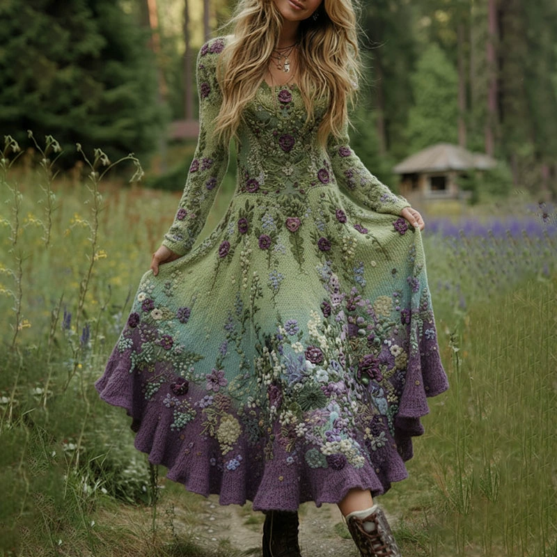 Halloween New Women's V-neck Dress Bohemian Resort Style V-neck Long Sleeve Dress