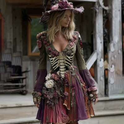 Halloween New Women's V-neck Dress Bohemian Resort Style V-neck Long Sleeve Dress