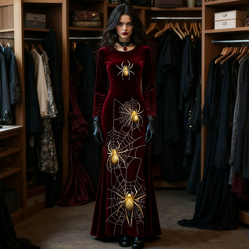 Halloween New Women's V-neck Dress Bohemian Resort Style V-neck Long Sleeve Dress