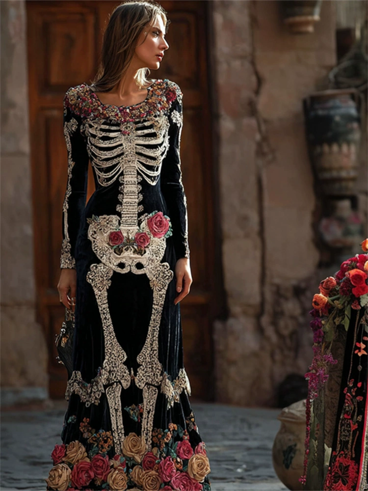 Halloween New Women's V-neck Dress Bohemian Resort Style V-neck Long Sleeve Dress