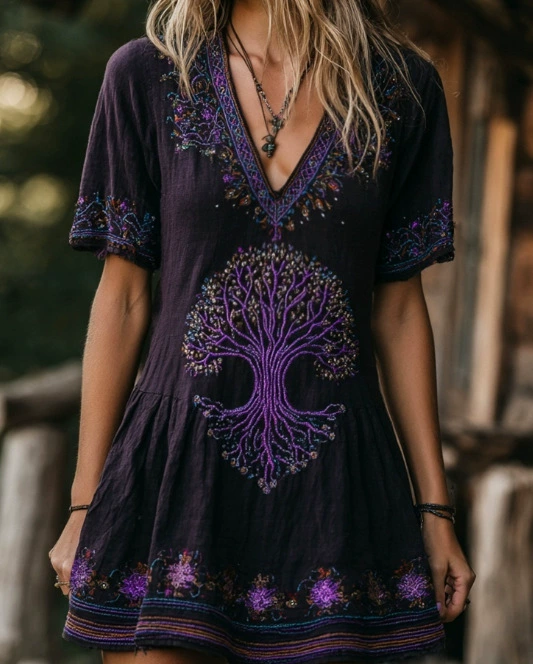 Halloween New Women's V-neck Dress Bohemian Resort Style V-neck Long Sleeve Dress
