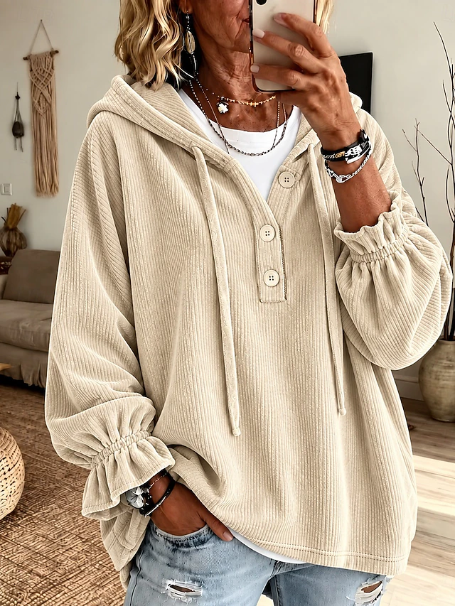 Women's Corduroy Tops Textured Plain Warm Vintage Fashion Long Sleeve Hooded Regular Tops