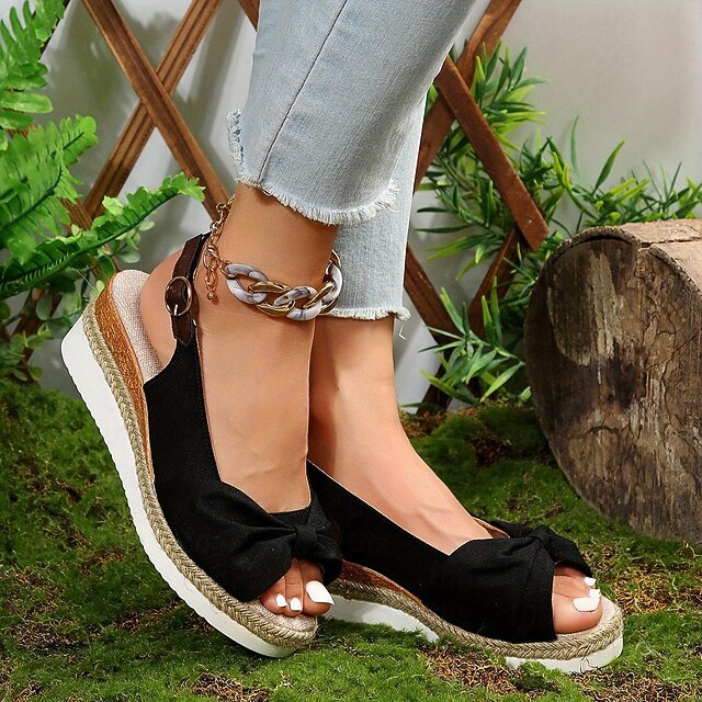 Women's Beige Slingback Espadrille Sandals with Bow Detail – Casual Summer Open-Toe Wedge Sandals