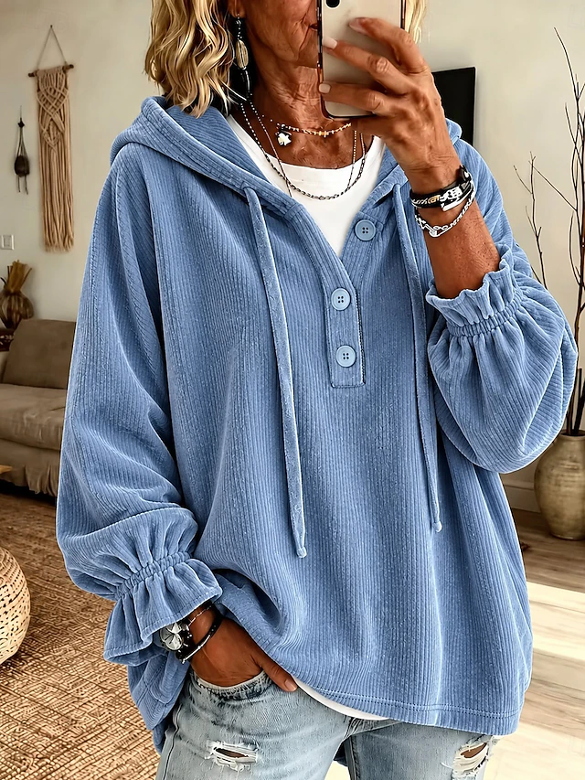 Women's Corduroy Tops Textured Plain Warm Vintage Fashion Long Sleeve Hooded Regular Tops