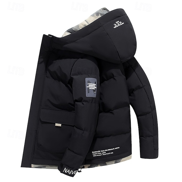 Men's Winter Coat Puffer Jacket Quilted Jacket Padded Hooded Leisure Sports Going out Windproof Fall & Winter Solid / Plain Color Black Blue Khaki Puffer Jacket