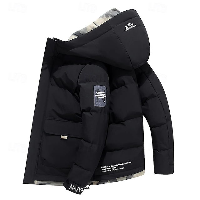 Men's Winter Coat Puffer Jacket Quilted Jacket Padded Hooded Leisure Sports Going out Windproof Fall & Winter Solid / Plain Color Black Blue Khaki Puffer Jacket