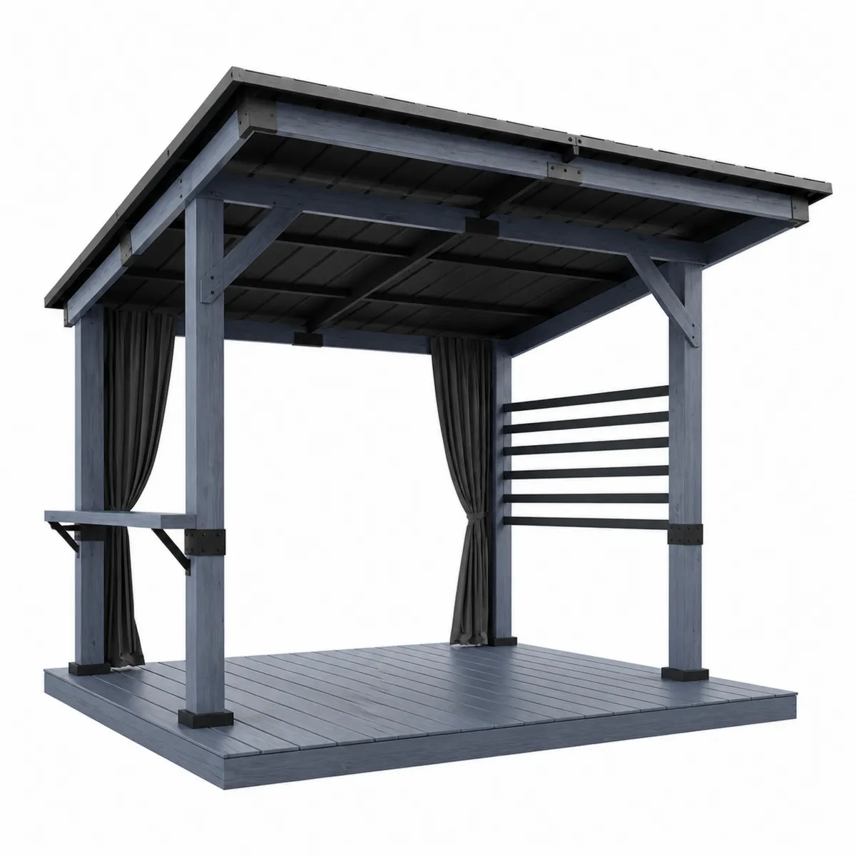 Pavillon en bois avec toiture inclinée et rideaux