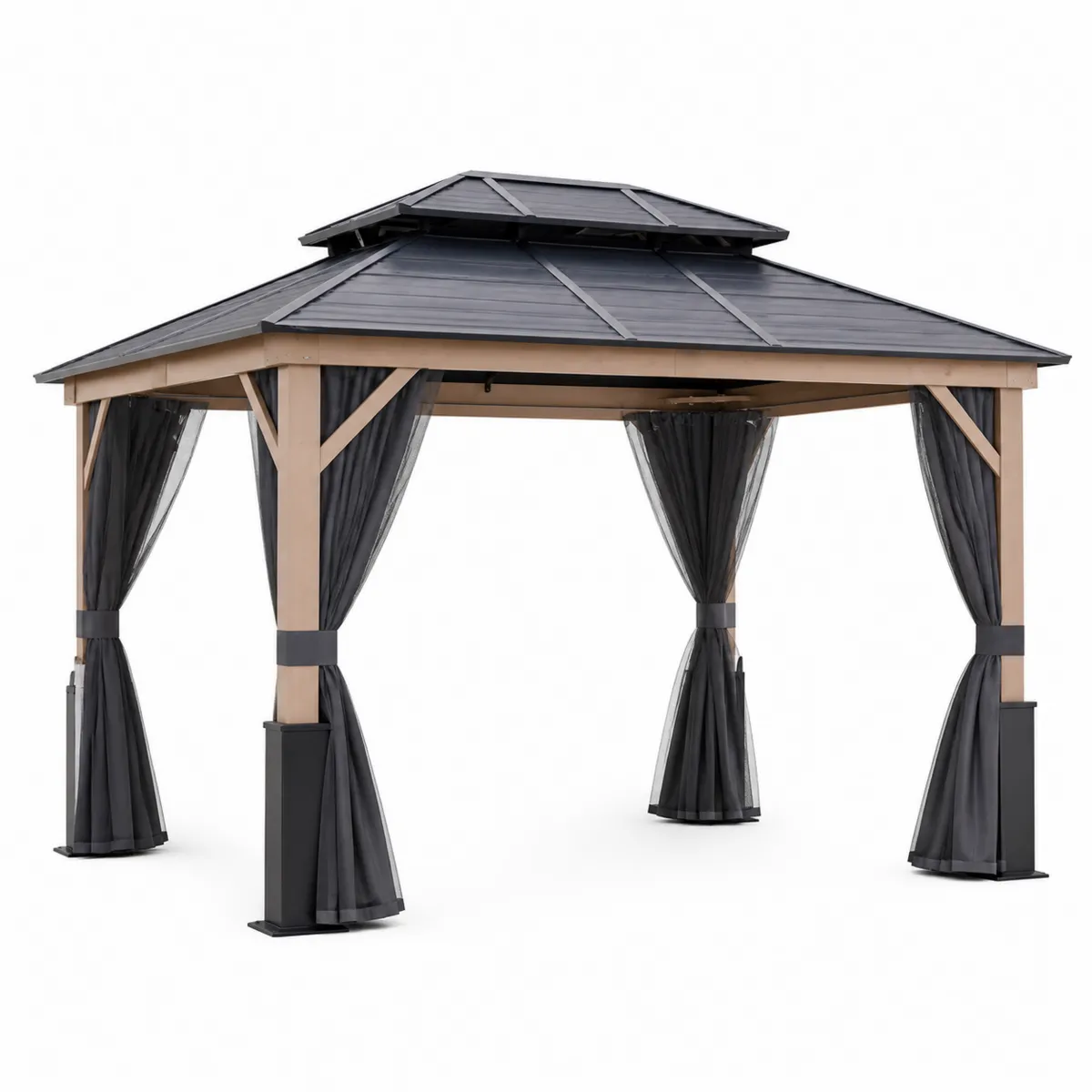 Pavillon de jardin en aluminium et polycarbonate avec rideaux Gris/Noir