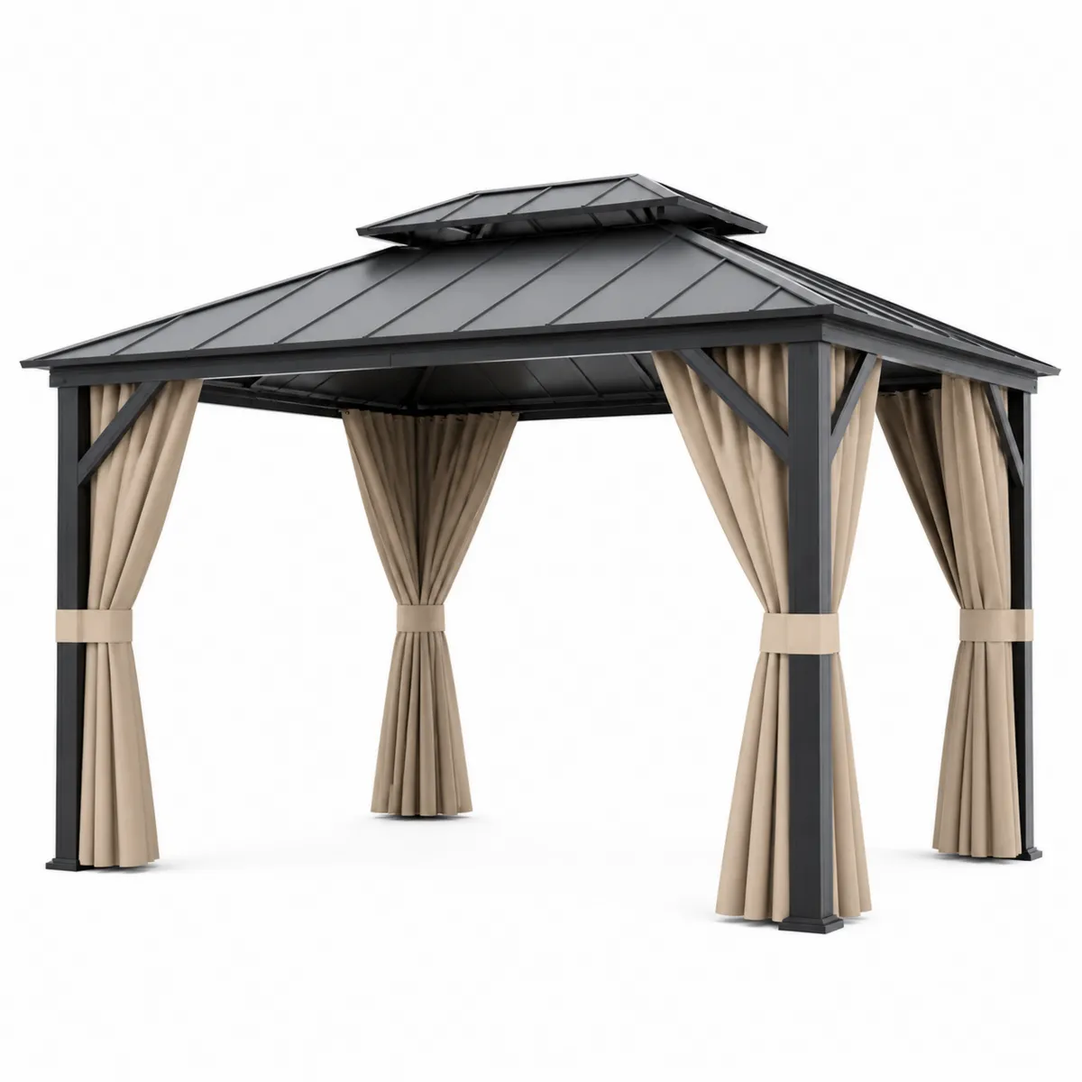Pavillon en métal avec toit rigide et rideaux en polyester, 300 cm x 400 cm