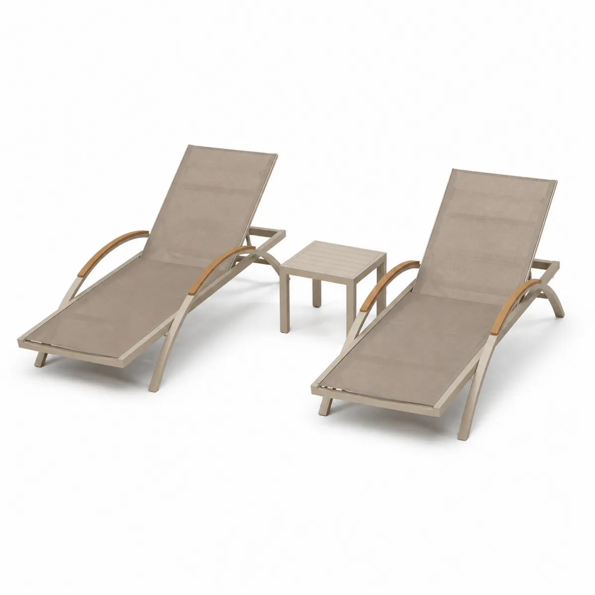 Ensemble de 2 chaises longues avec table, structure en aluminium et toile en textilène, Beige