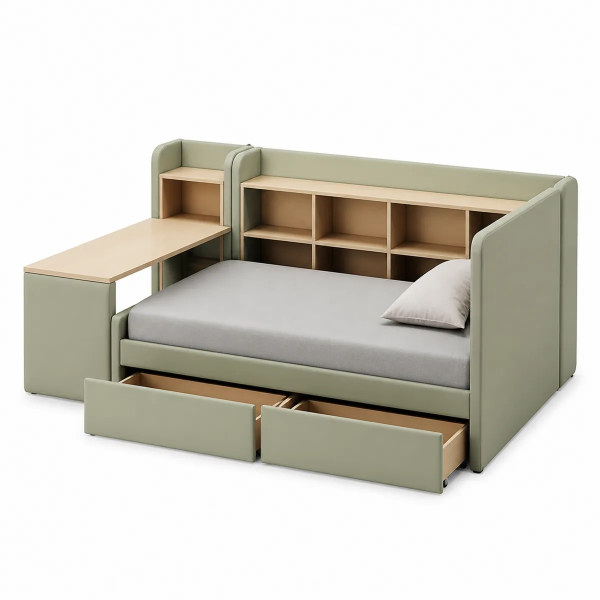 Lit de jour en bois et polyester avec étagères et tiroirs Vert/Beige