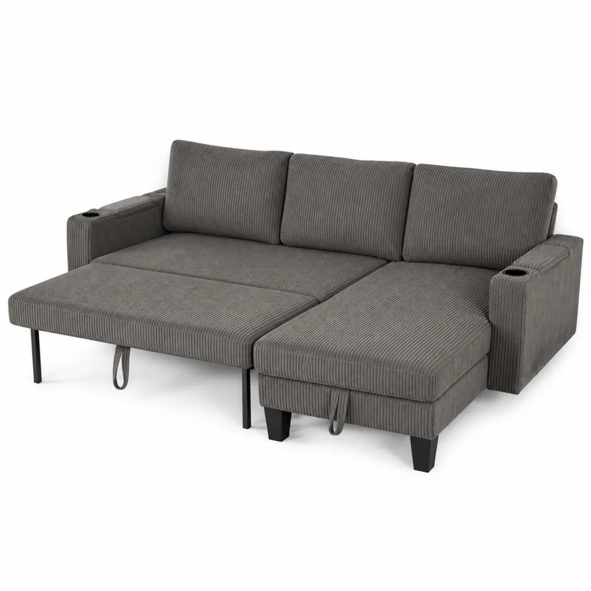 Canapé convertible en tissu côtelé gris avec méridienne