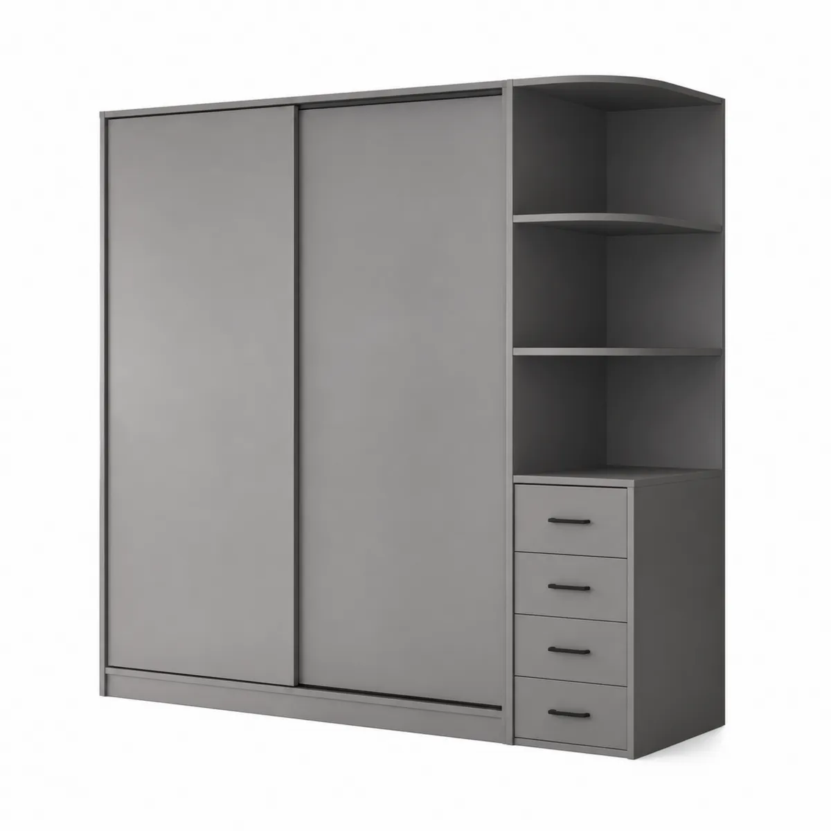 Armoire à portes coulissantes en bois composite gris avec étagères et tiroirs