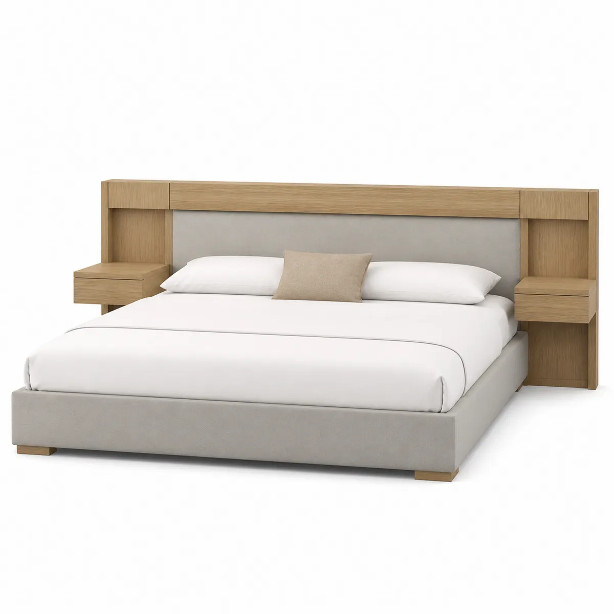 Lit double en bois et tissu gris avec étagères intégrées 200x160 cm