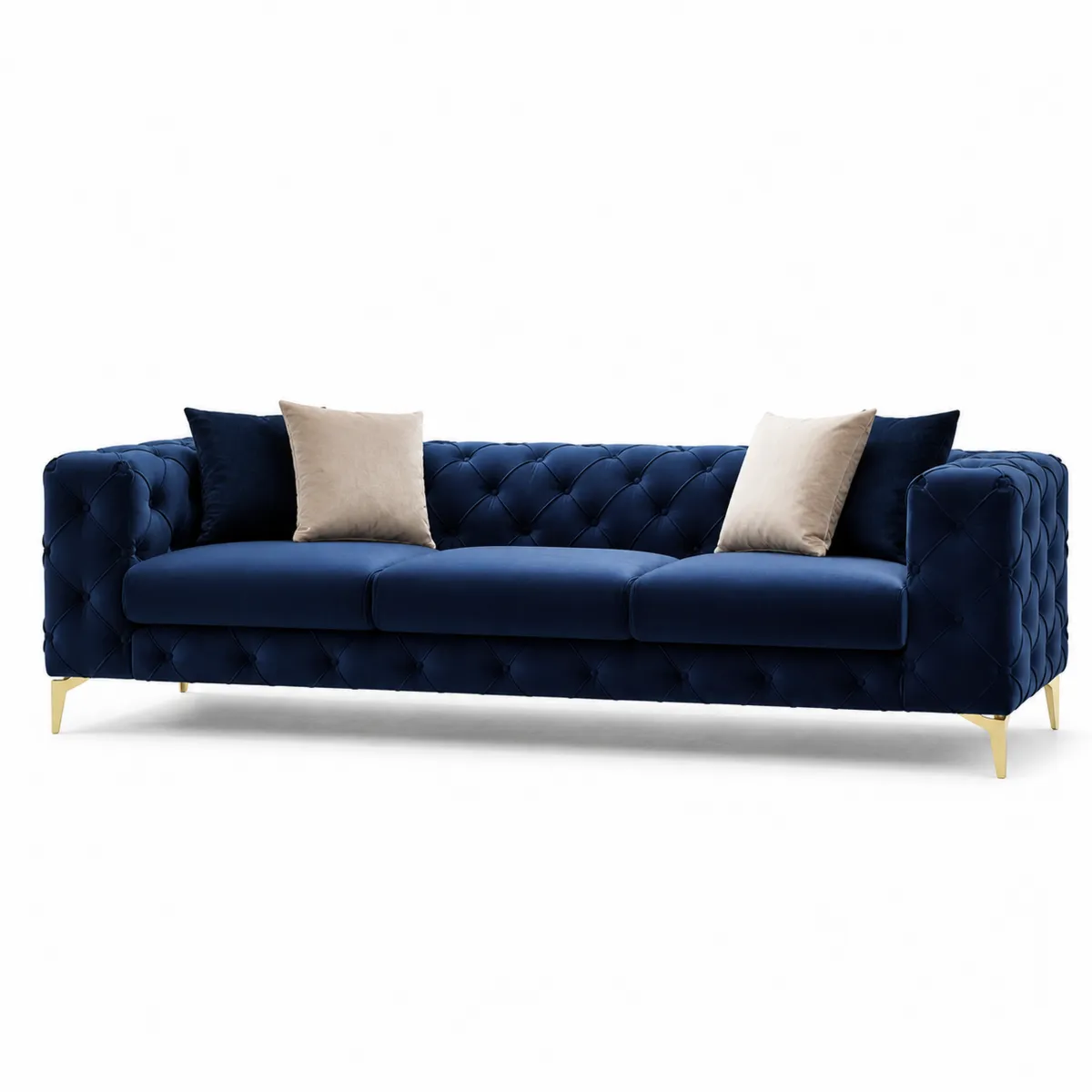 Canapé en velours bleu foncé avec coussins et pieds en métal