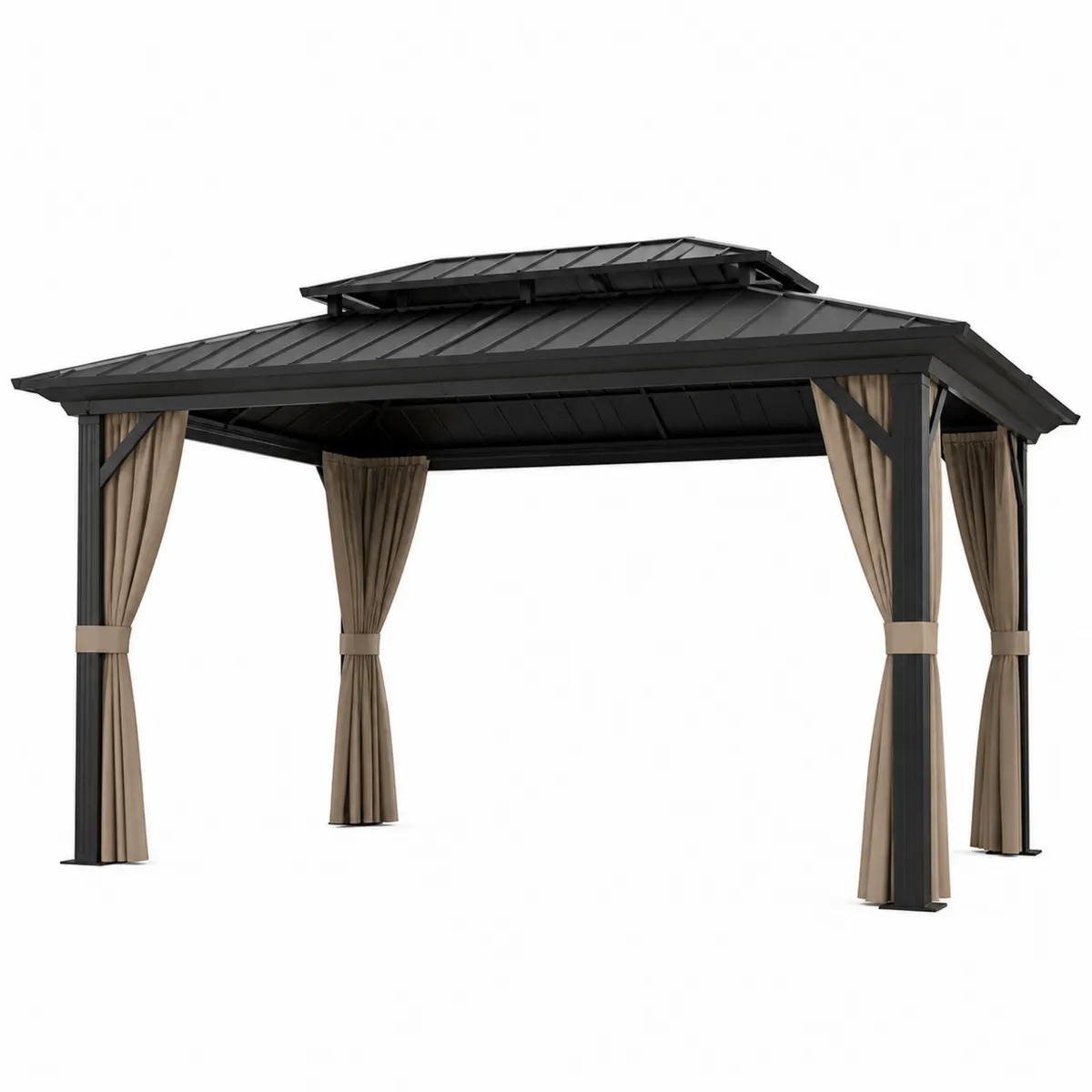Pavillon de jardin en aluminium avec toit en acier et rideaux en polyester