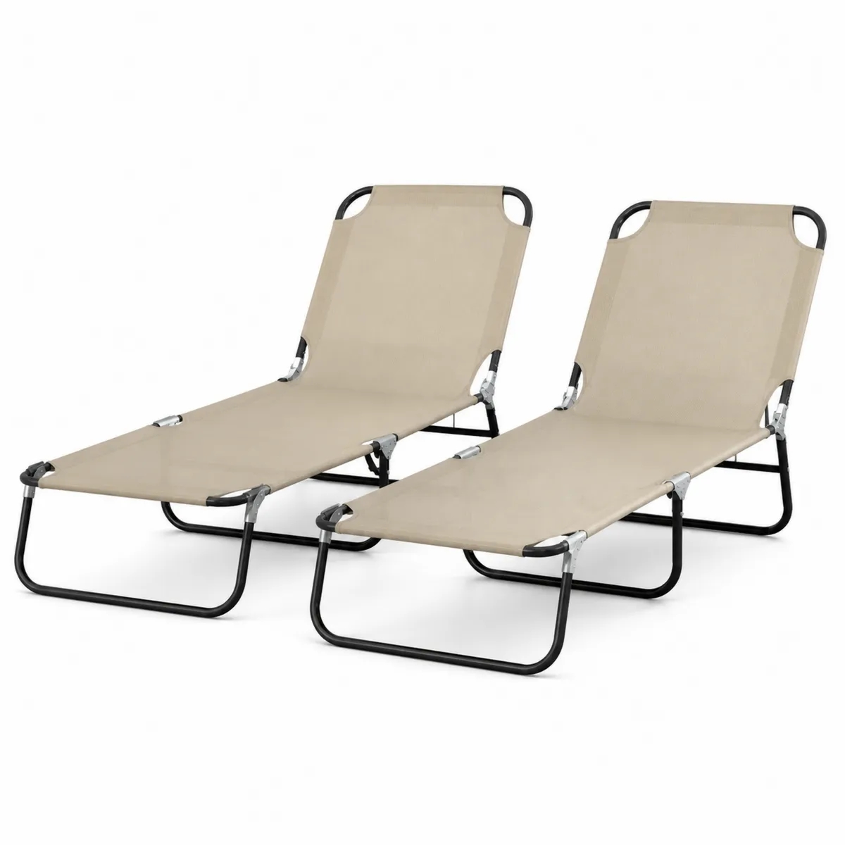 Lot de 2 chaises longues pliables en acier et tissu beige
